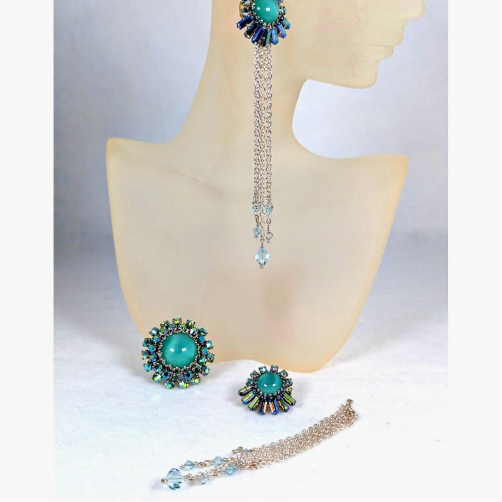 Mid-Century Faux Moonstone & Aurora Borealis Pin Earring Set Y2K Dangles